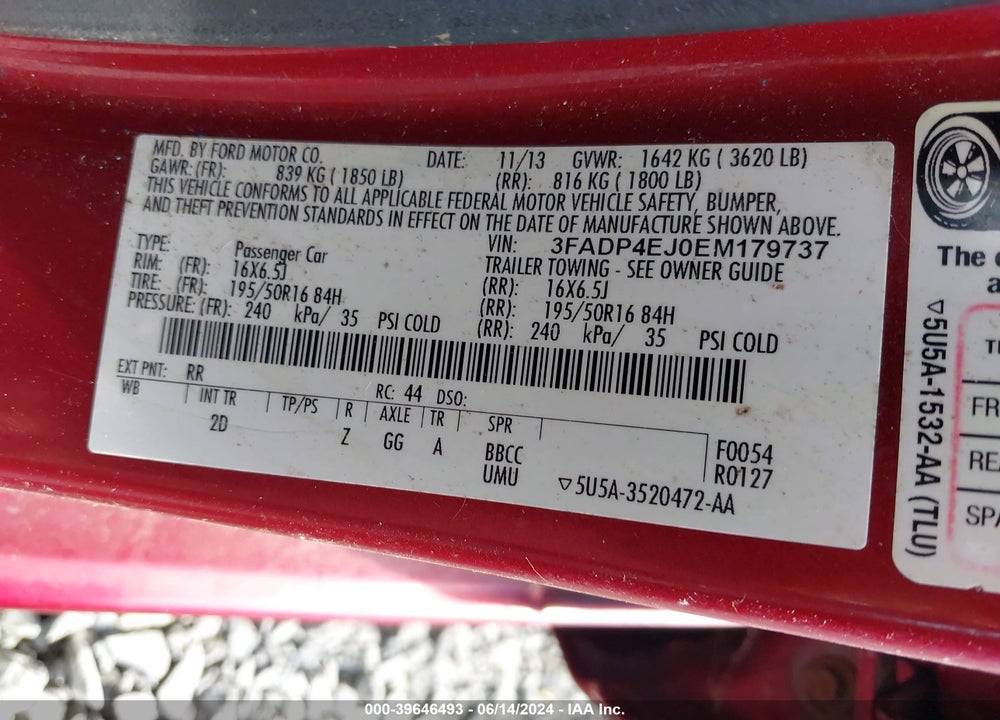 2014 FORD FIESTA VIN: 3FADP4EJ0EM179737