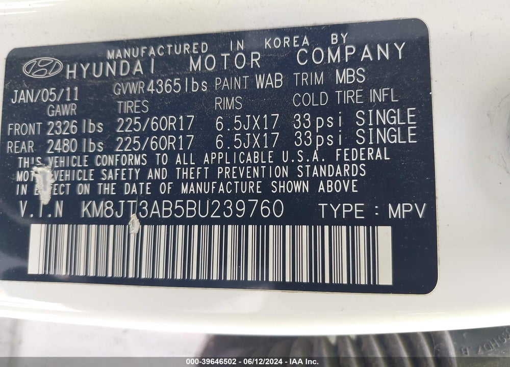 2011 HYUNDAI TUCSON GL VIN: KM8JT3AB5BU239760