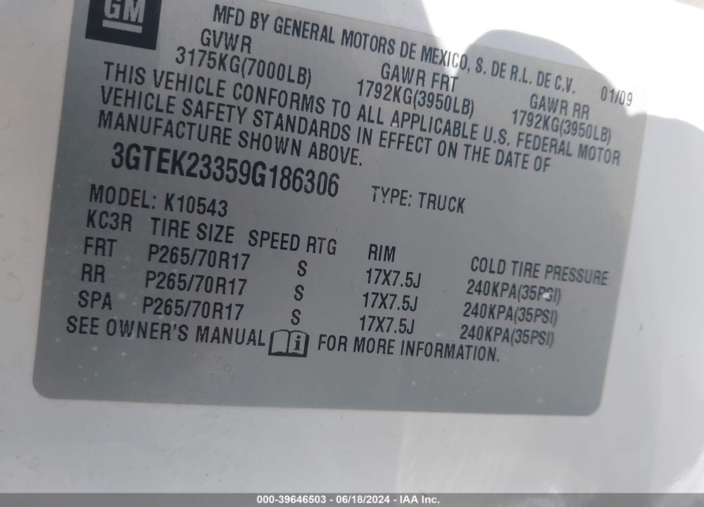 2009 GMC SIERRA 1500 SLE VIN: 3GTEK23359G186306