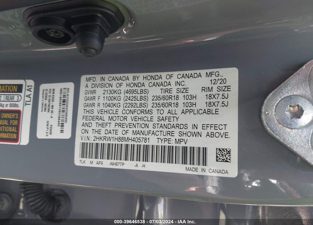 2021 HONDA CR-V 2WD EX-L VIN: 2HKRW1H88MH405781