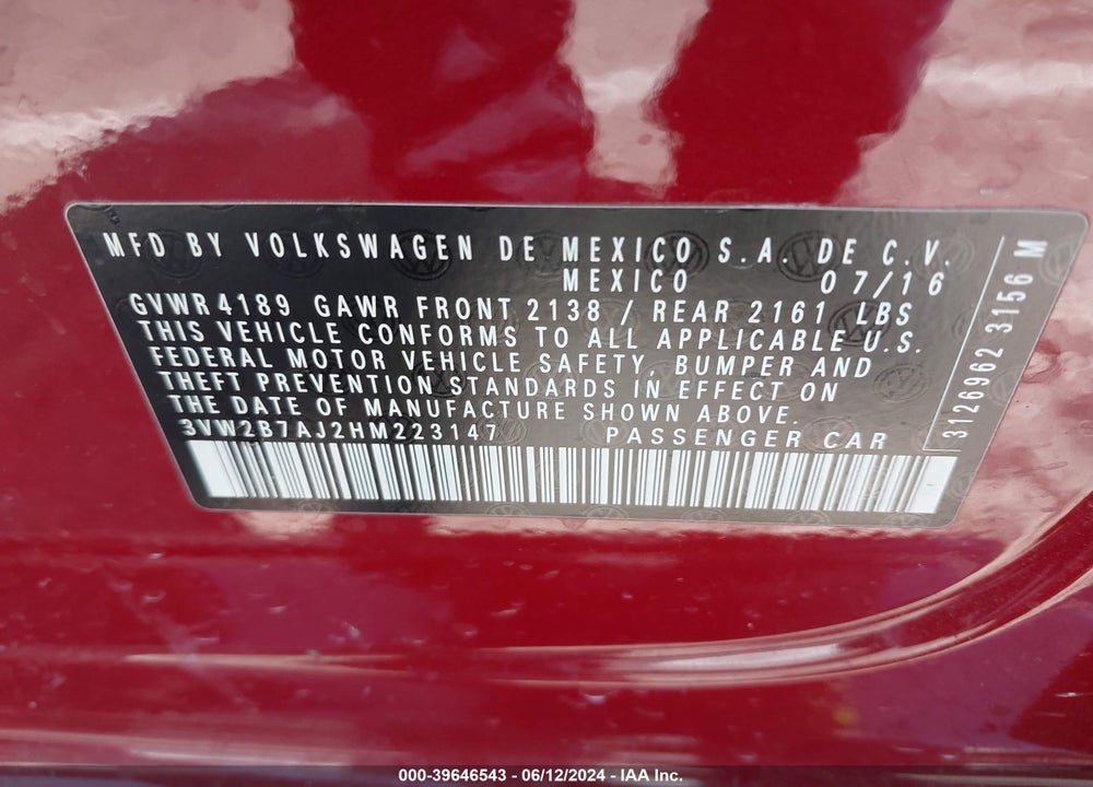 2017 VOLKSWAGEN JETTA 1.4T S VIN: 3VW2B7AJ2HM223147