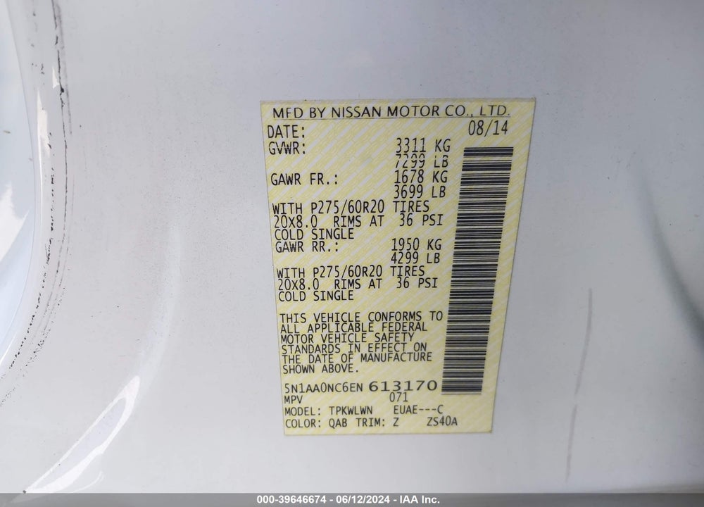 2014 NISSAN ARMADA PLATINUM VIN: 5N1AA0NC6EN613170
