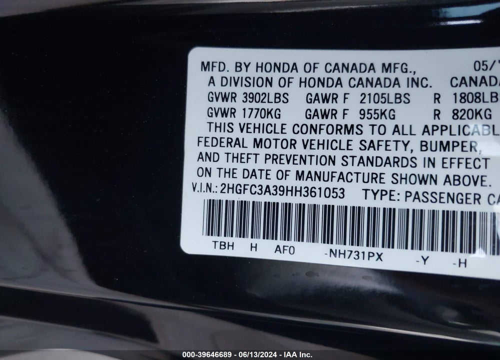 2017 HONDA CIVIC EX-T VIN: 2HGFC3A39HH361053