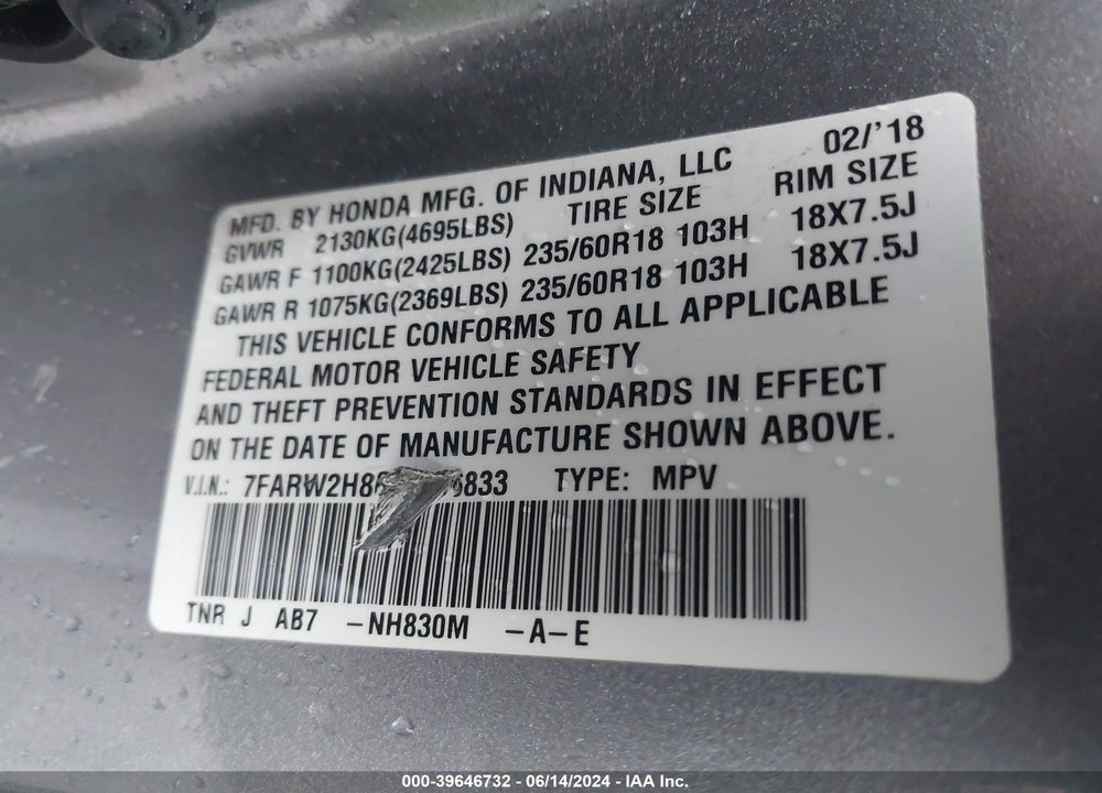 2018 HONDA CR-V EX-L/EX-L NAVI VIN: 7FARW2H86JE026833