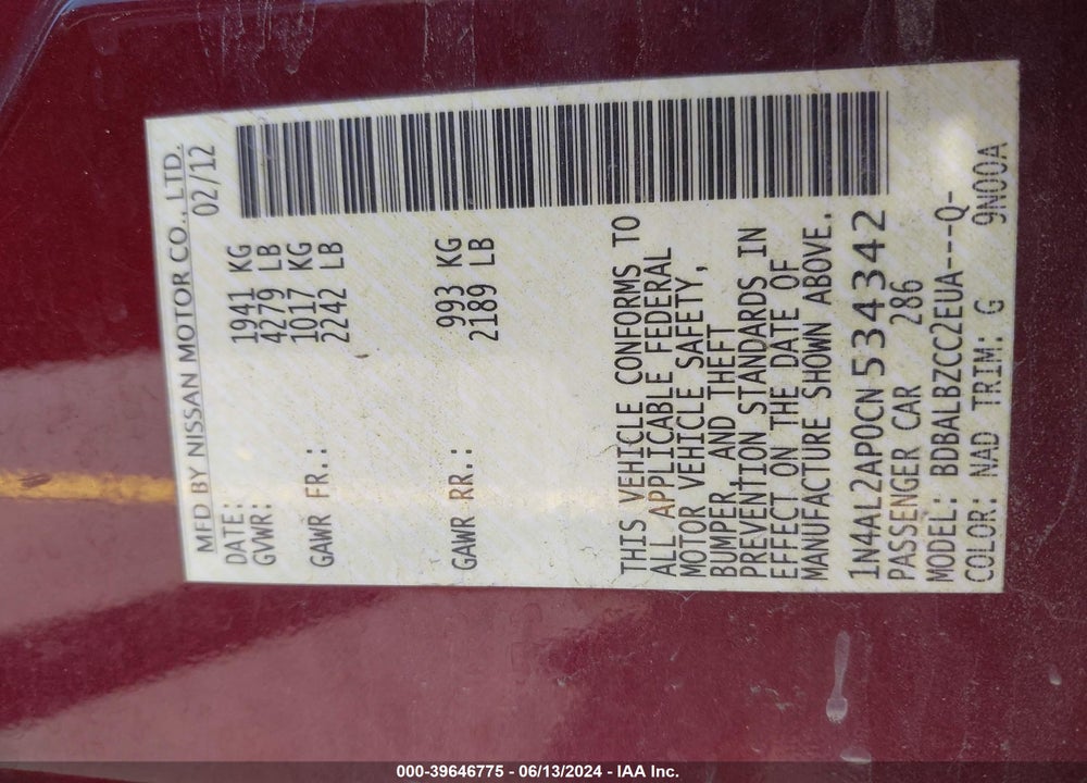 2012 NISSAN ALTIMA 2.5 S VIN: 1N4AL2AP0CN534342