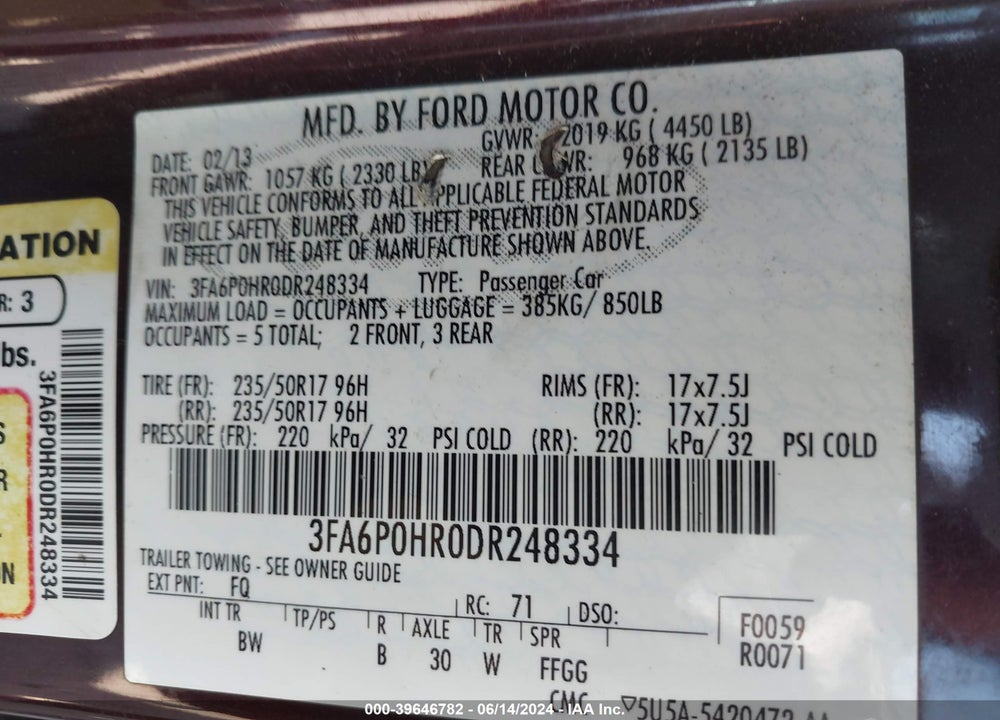2013 FORD FUSION SE VIN: 3FA6P0HR0DR248334