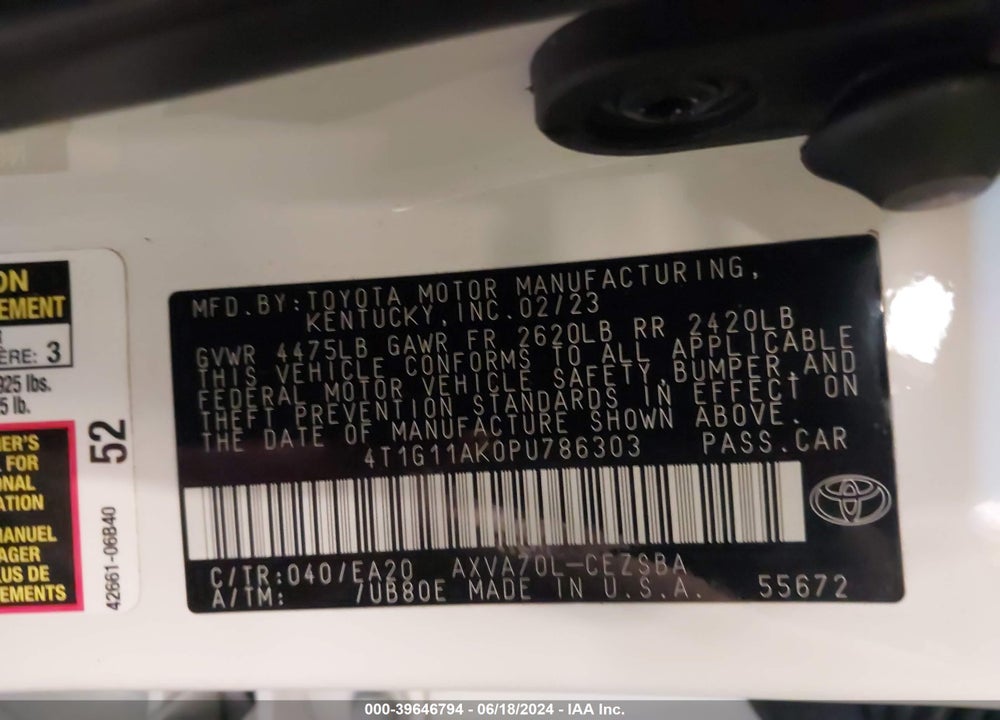 2023 TOYOTA CAMRY SE VIN: 4T1G11AK0PU786303