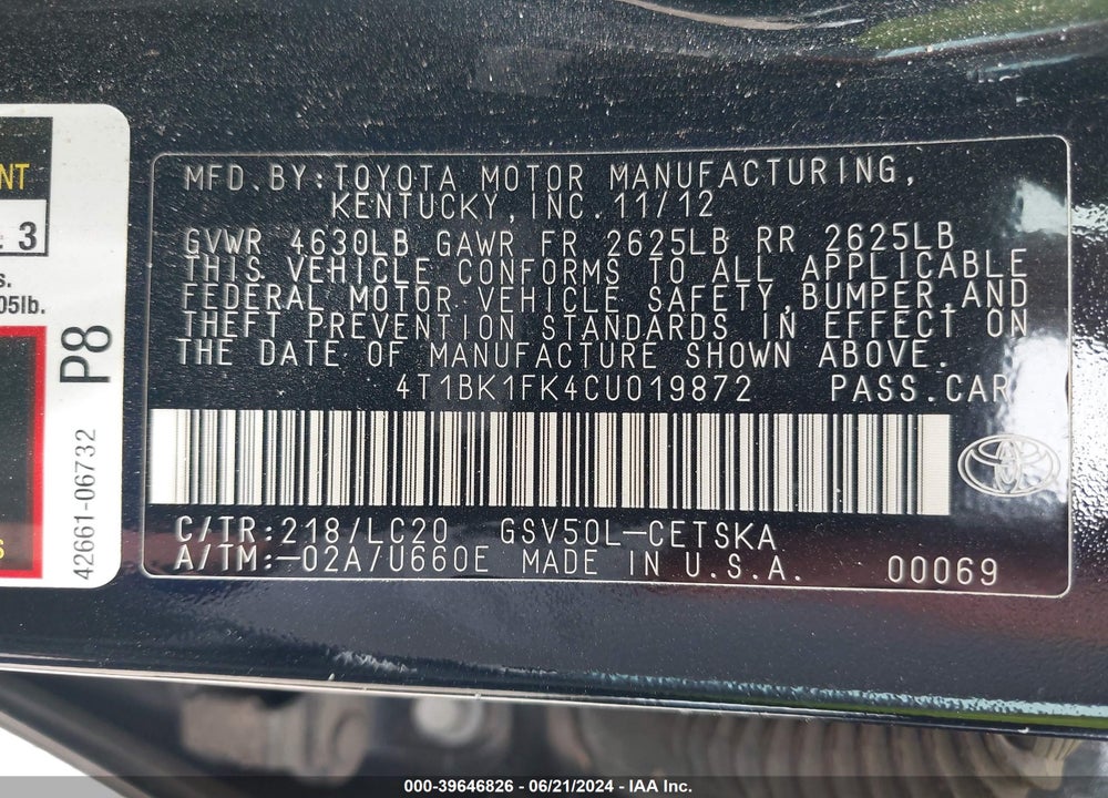 2012 TOYOTA CAMRY SE V6 VIN: 4T1BK1FK4CU019872
