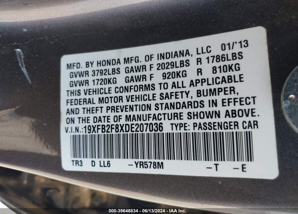 2013 HONDA CIVIC EX VIN: 19XFB2F8XDE207036