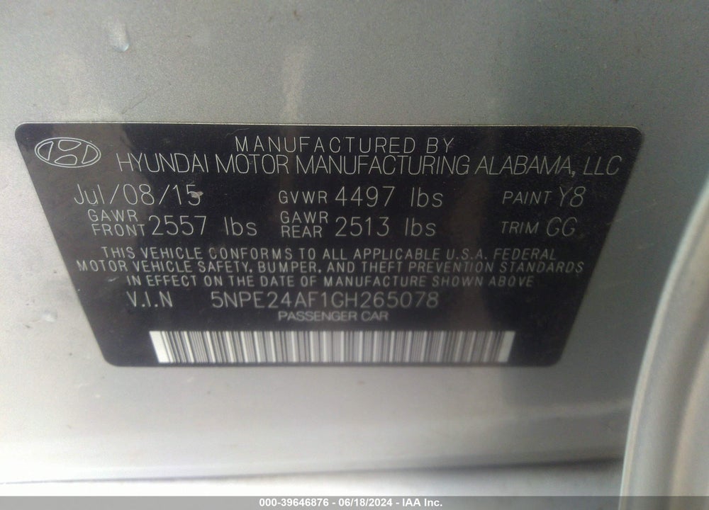 2016 HYUNDAI SONATA SE VIN: 5NPE24AF1GH265078
