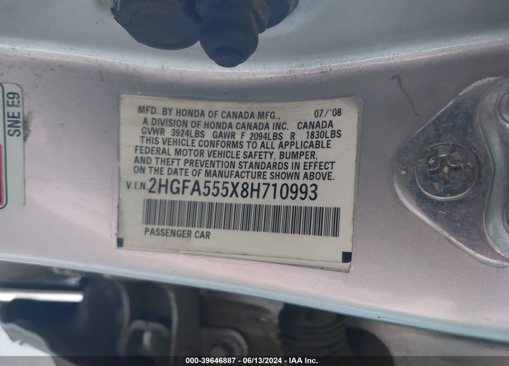 2008 HONDA CIVIC SI/SI MUGEN VIN: 2HGFA555X8H710993