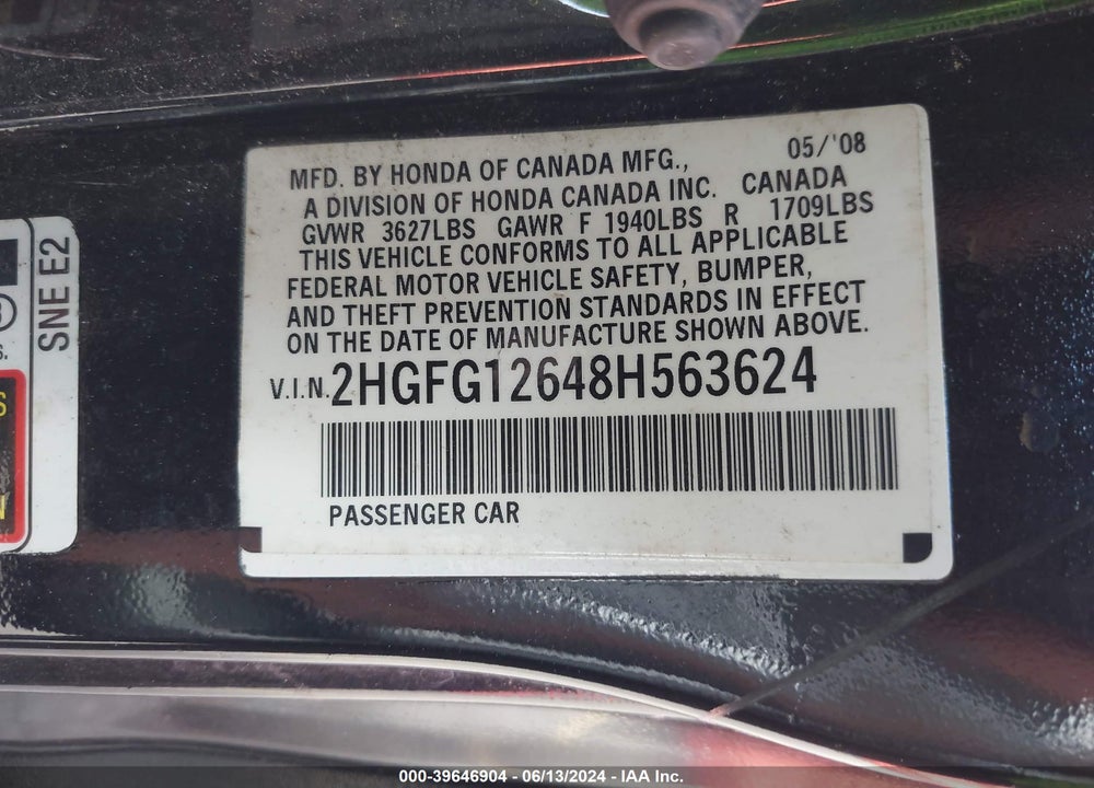 2008 HONDA CIVIC LX VIN: 2HGFG12648H563624