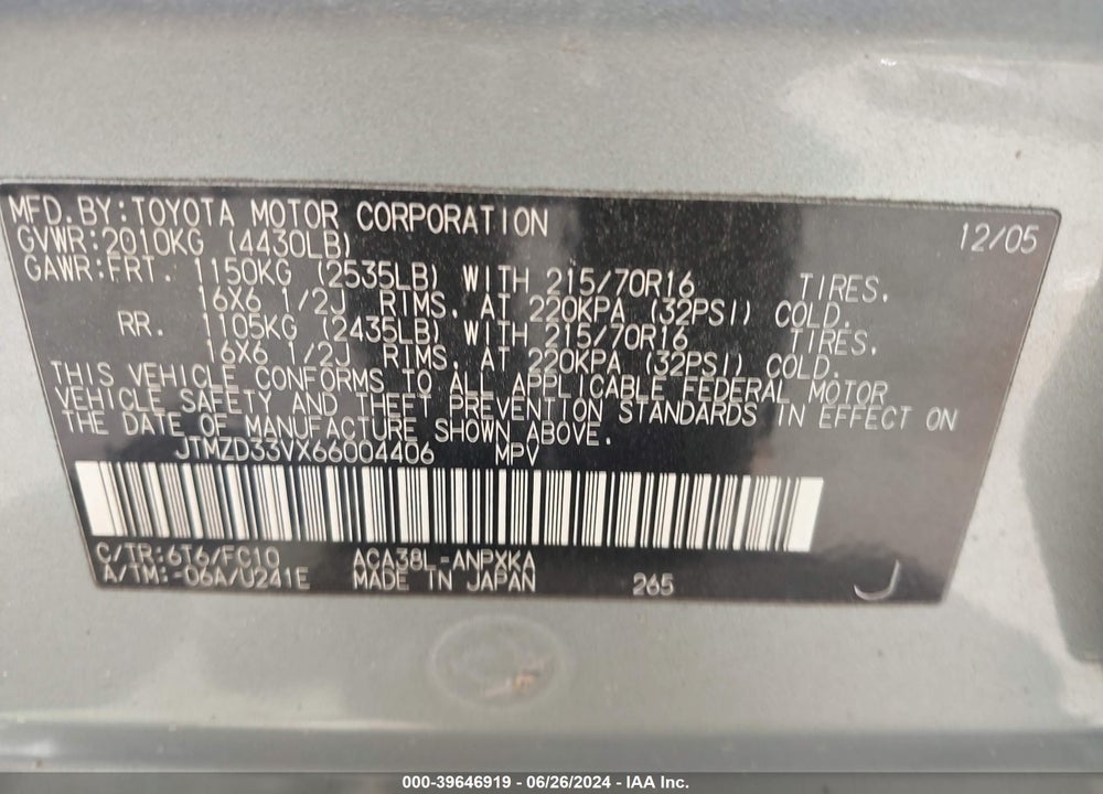 2006 TOYOTA RAV4 VIN: JTMZD33VX66004406