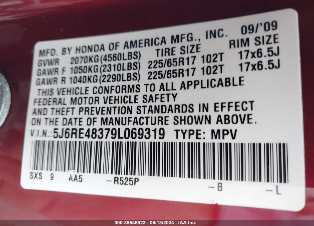 2009 HONDA CR-V LX VIN: 5J6RE48379L069319