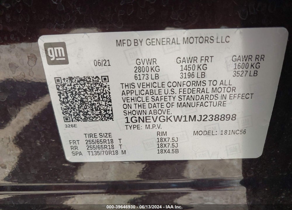 2021 CHEVROLET TRAVERSE AWD LT CLOTH VIN: 1GNEVGKW1MJ238898