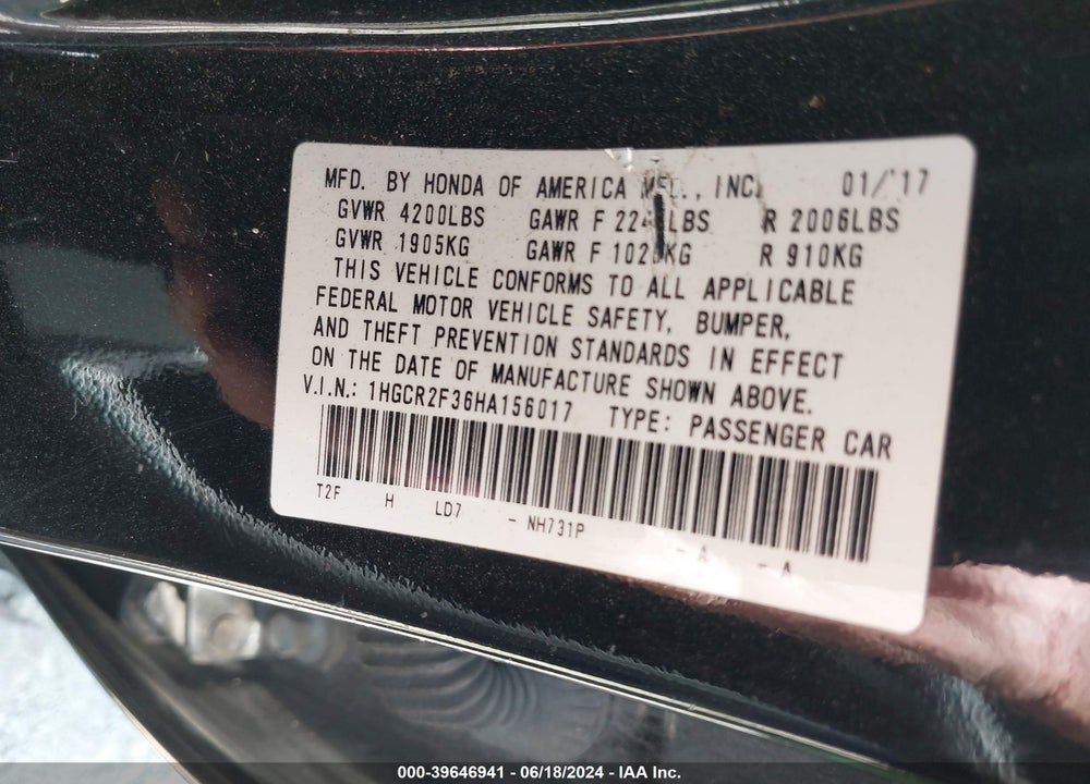 2017 HONDA ACCORD LX VIN: 1HGCR2F36HA156017