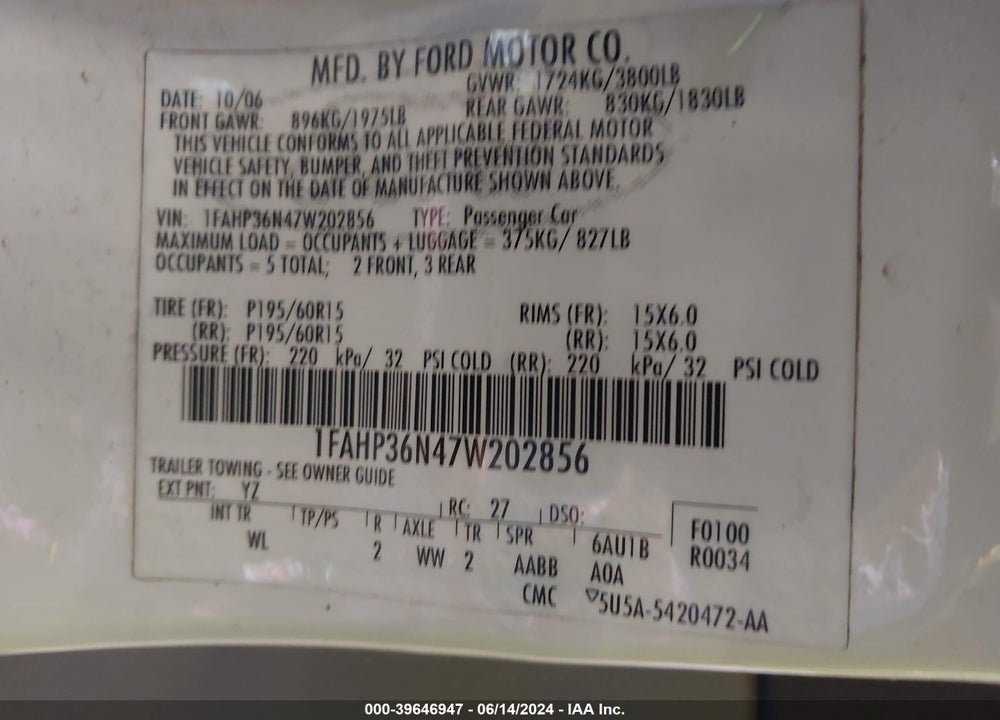 2007 FORD FOCUS SE/SES VIN: 1FAHP36N47W202856