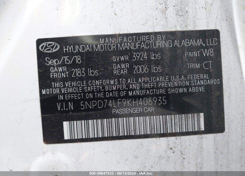 2019 HYUNDAI ELANTRA SE VIN: 5NPD74LF9KH406935