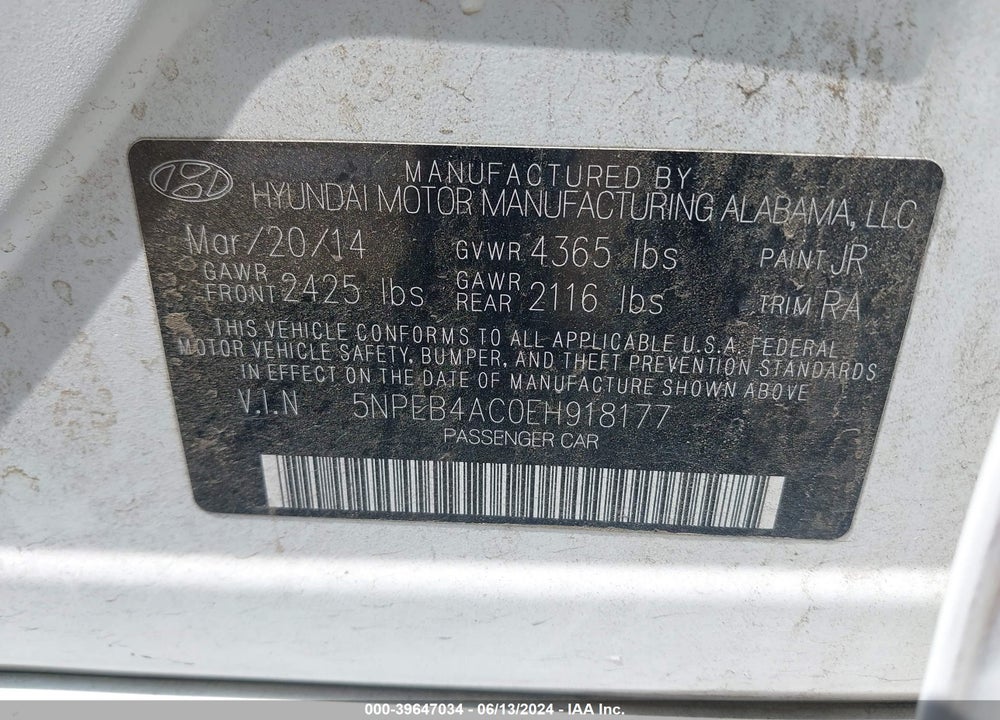 2014 HYUNDAI SONATA GLS VIN: 5NPEB4AC0EH918177