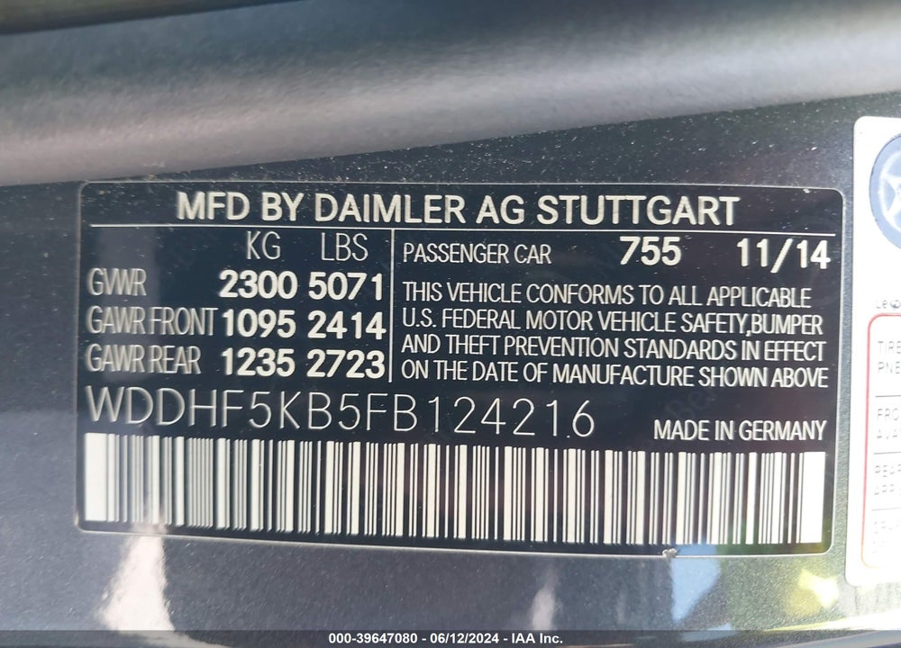 2015 MERCEDES-BENZ E 350 VIN: WDDHF5KB5FB124216