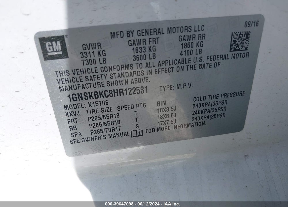 2017 CHEVROLET TAHOE LT VIN: 1GNSKBKC8HR122531