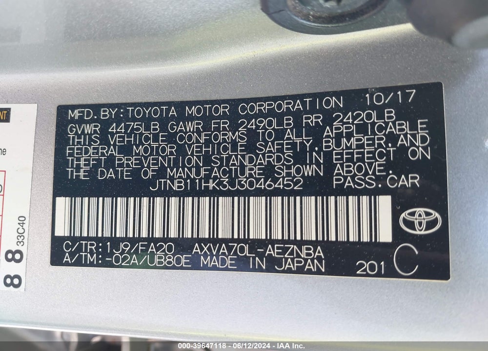 2018 TOYOTA CAMRY LE VIN: JTNB11HK3J3046452