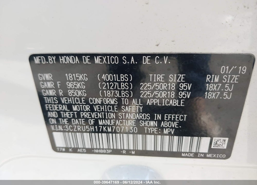 2019 HONDA HR-V SPORT VIN: 3CZRU5H17KM707130