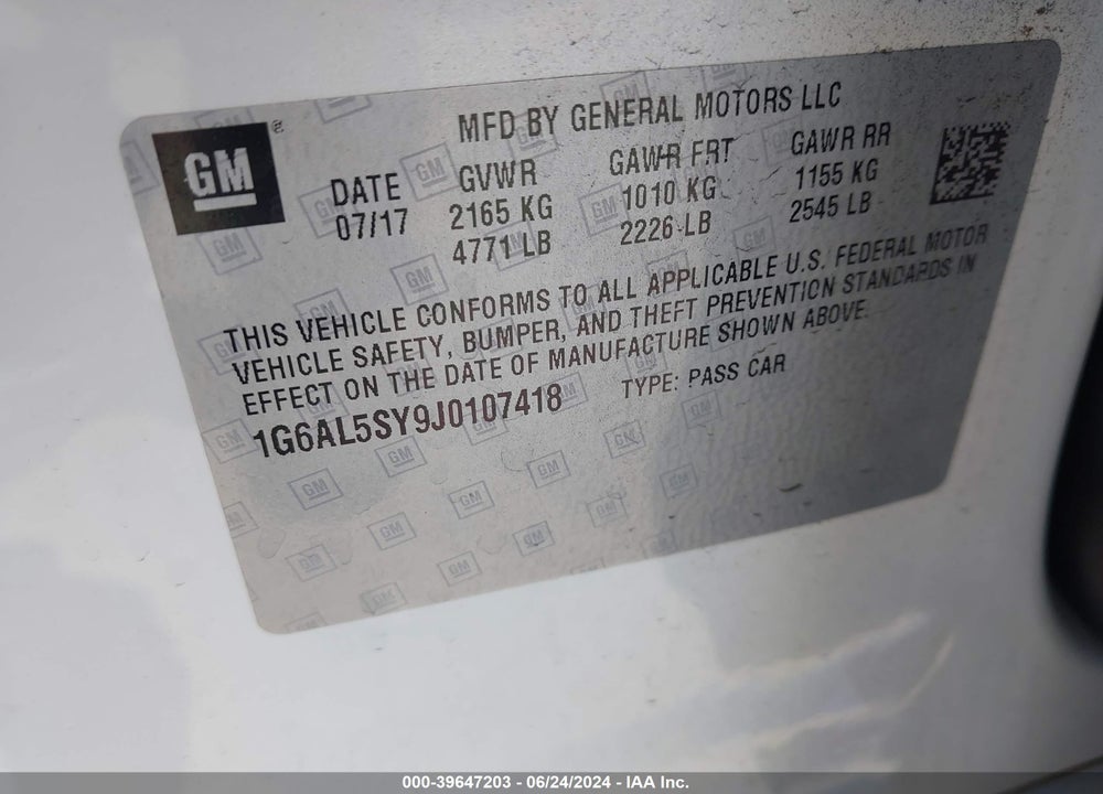2018 CADILLAC ATS-V VIN: 1G6AL5SY9J0107418