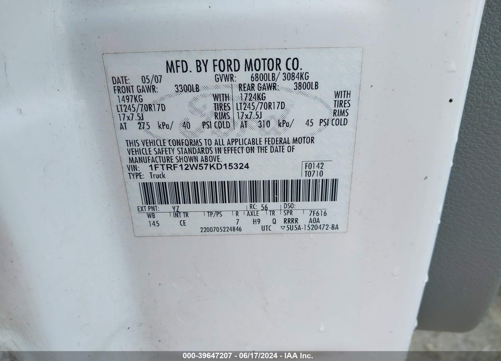 2007 FORD F-150 STX/XL/XLT VIN: 1FTRF12W57KD15324
