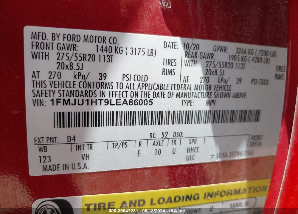 2020 FORD EXPEDITION XLT VIN: 1FMJU1HT9LEA86005