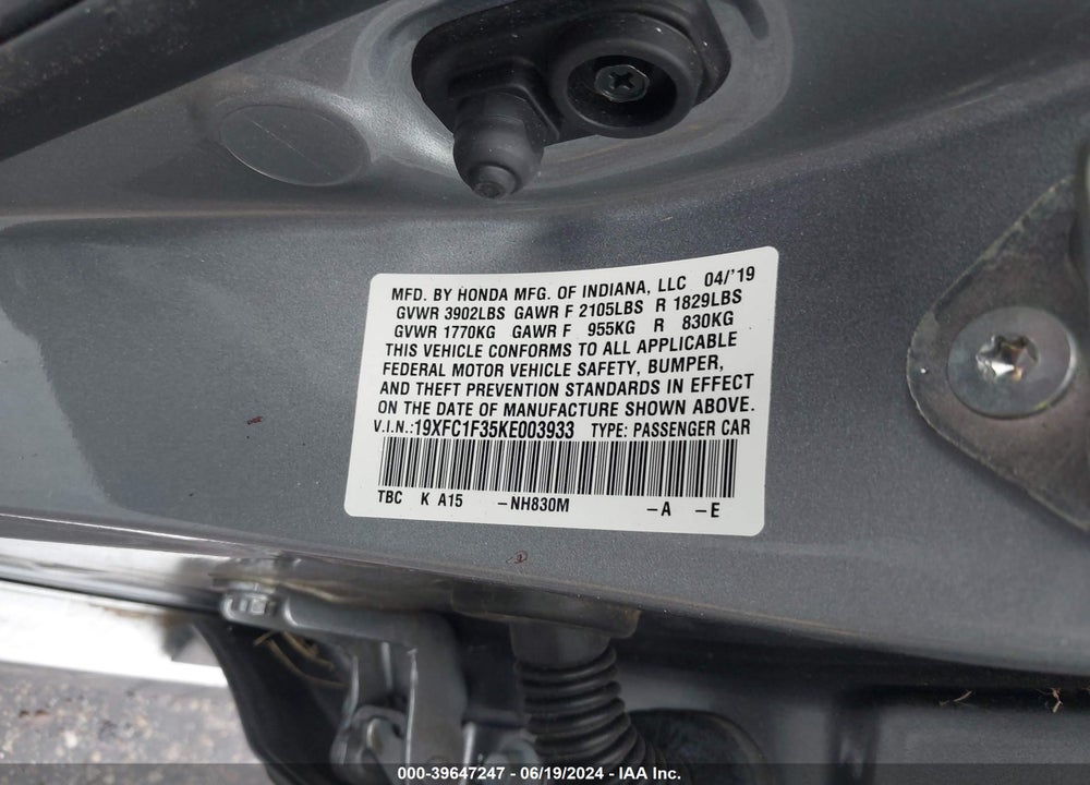 2019 HONDA CIVIC EX VIN: 19XFC1F35KE003933