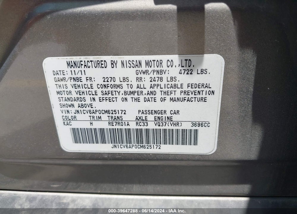 2012 INFINITI G37 JOURNEY VIN: JN1CV6AP0CM625172