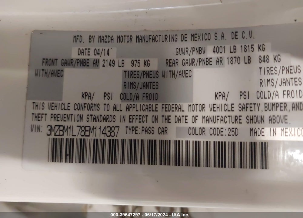 2014 MAZDA 3 I TOURING VIN: 3MZBM1L78EM114387