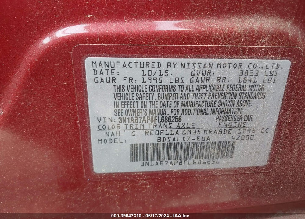 2015 NISSAN SENTRA SV VIN: 3N1AB7AP8FL686256