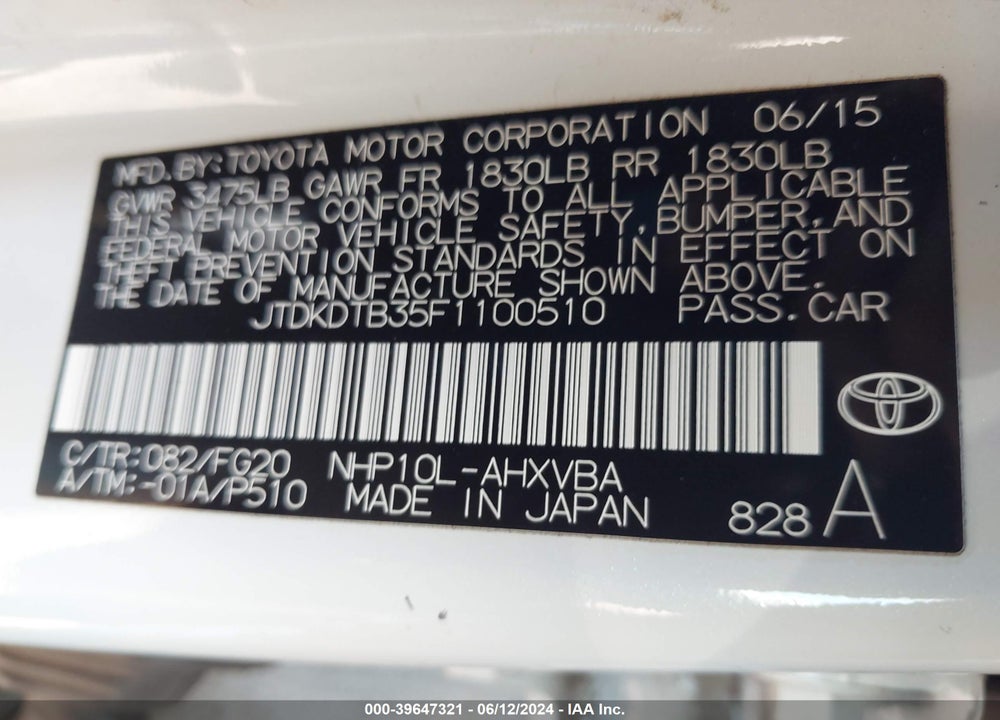 2015 TOYOTA PRIUS C TWO VIN: JTDKDTB35F1100510