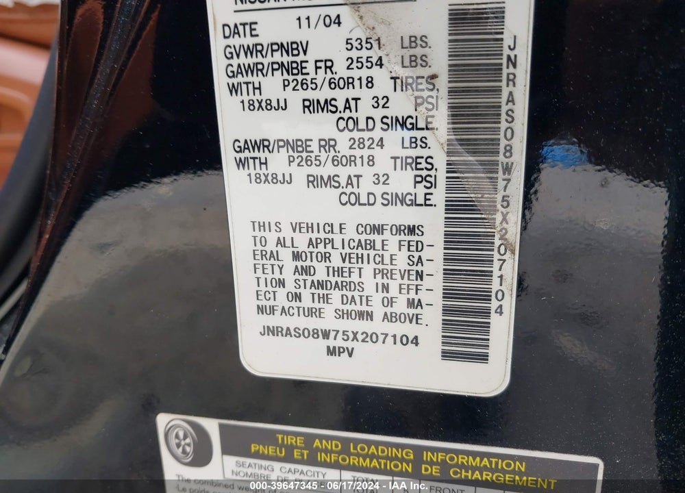 2005 INFINITI FX35 VIN: JNRAS08W75X207104