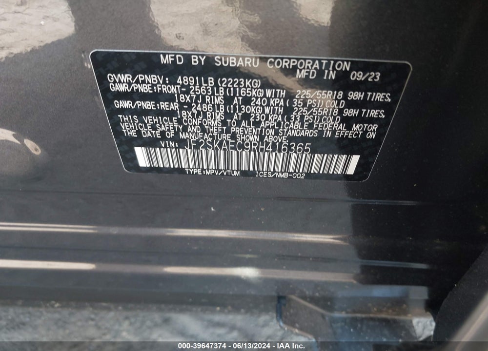 2024 SUBARU FORESTER SPORT VIN: JF2SKAEC9RH416365