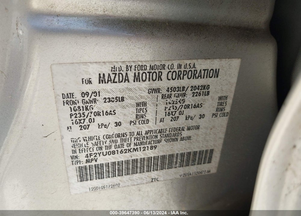 2002 MAZDA TRIBUTE ES V6/LX V6 VIN: 4F2YU08162KM12189