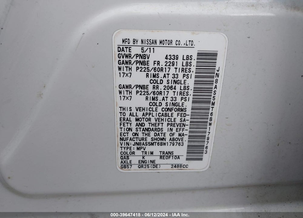2011 NISSAN ROGUE SV VIN: JN8AS5MT6BW179763