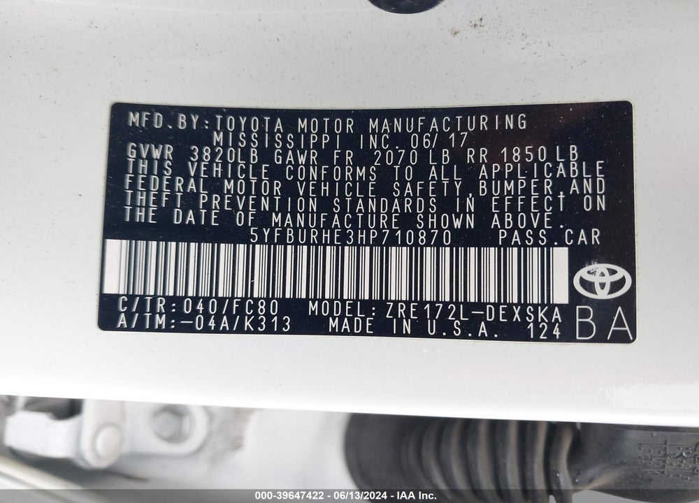2017 TOYOTA COROLLA SE VIN: 5YFBURHE3HP710870