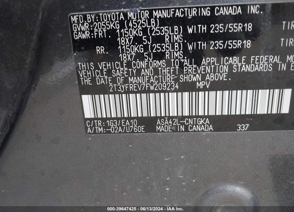 2015 TOYOTA RAV4 LIMITED VIN: 2T3YFREV7FW209234