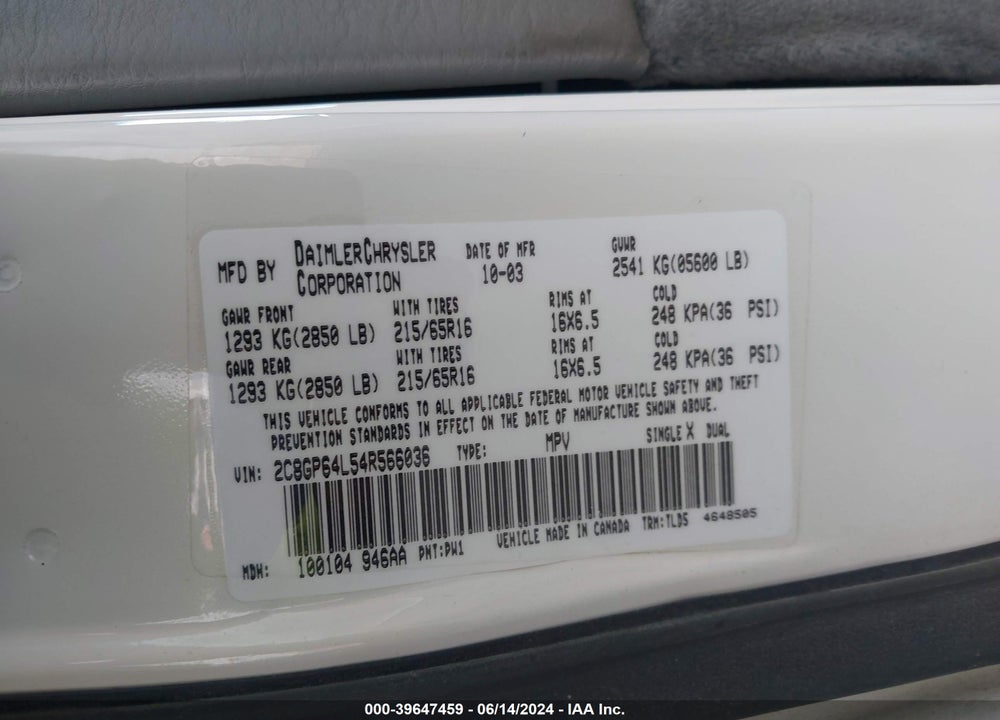 2004 CHRYSLER TOWN & COUNTRY LIMITED VIN: 2C8GP64L54R566036