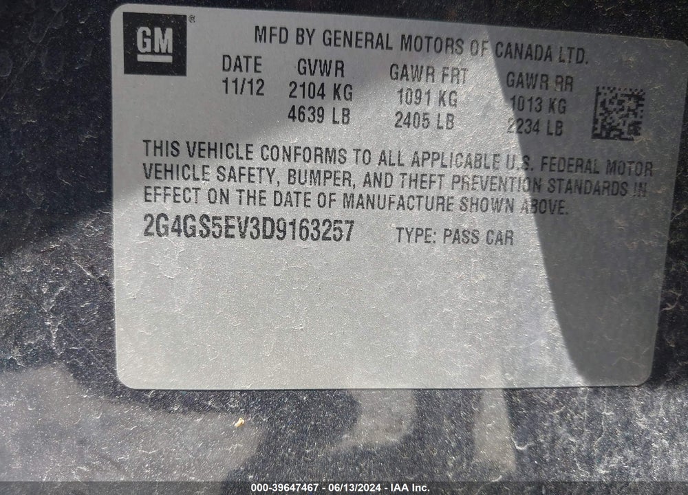 2013 BUICK REGAL TURBO PREMIUM 1 VIN: 2G4GS5EV3D9163257