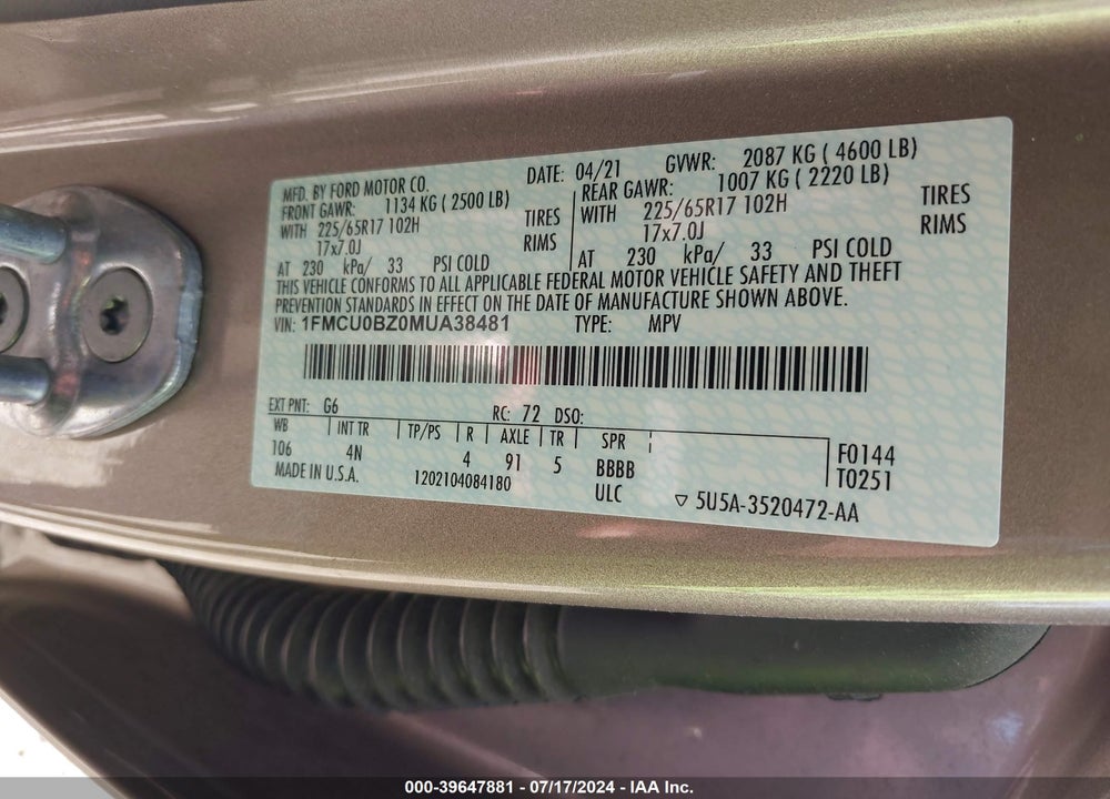 2021 FORD ESCAPE SE HYBRID VIN: 1FMCU0BZ0MUA38481