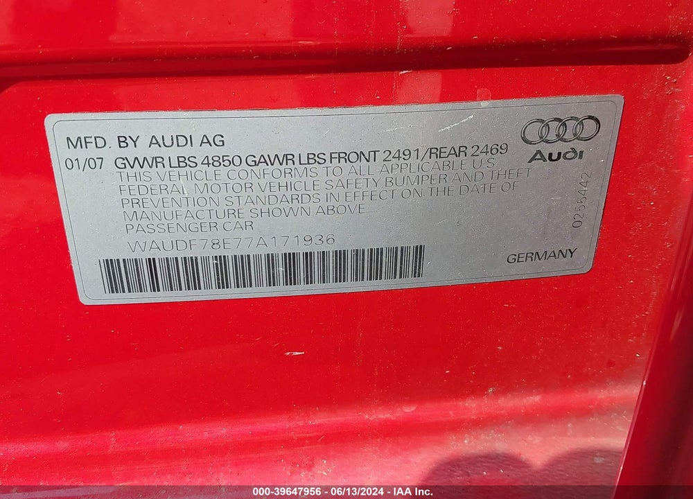 2007 AUDI A4 2.0T VIN: WAUDF78E77A171936