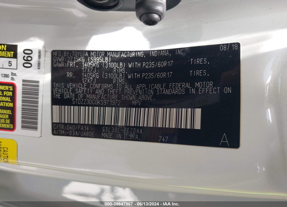 2019 TOYOTA SIENNA L 7 PASSENGER VIN: 5TDZZ3DC0KS971972