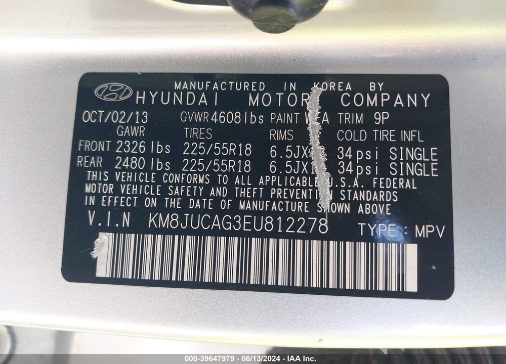 2014 HYUNDAI TUCSON LIMITED VIN: KM8JUCAG3EU812278