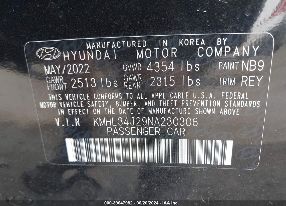 2022 HYUNDAI SONATA LIMITED VIN: KMHL34J29NA230306