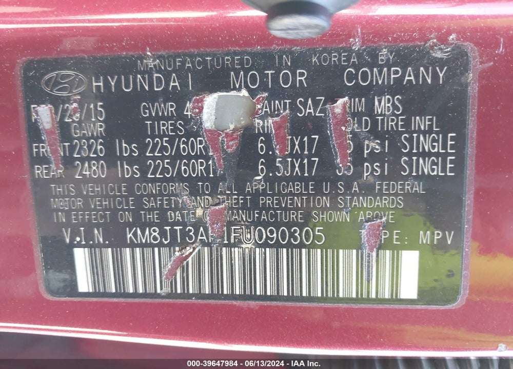 2015 HYUNDAI TUCSON GLS VIN: KM8JT3AF1FU090305