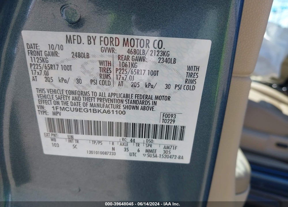 2011 FORD ESCAPE LIMITED VIN: 1FMCU9EG1BKA61100
